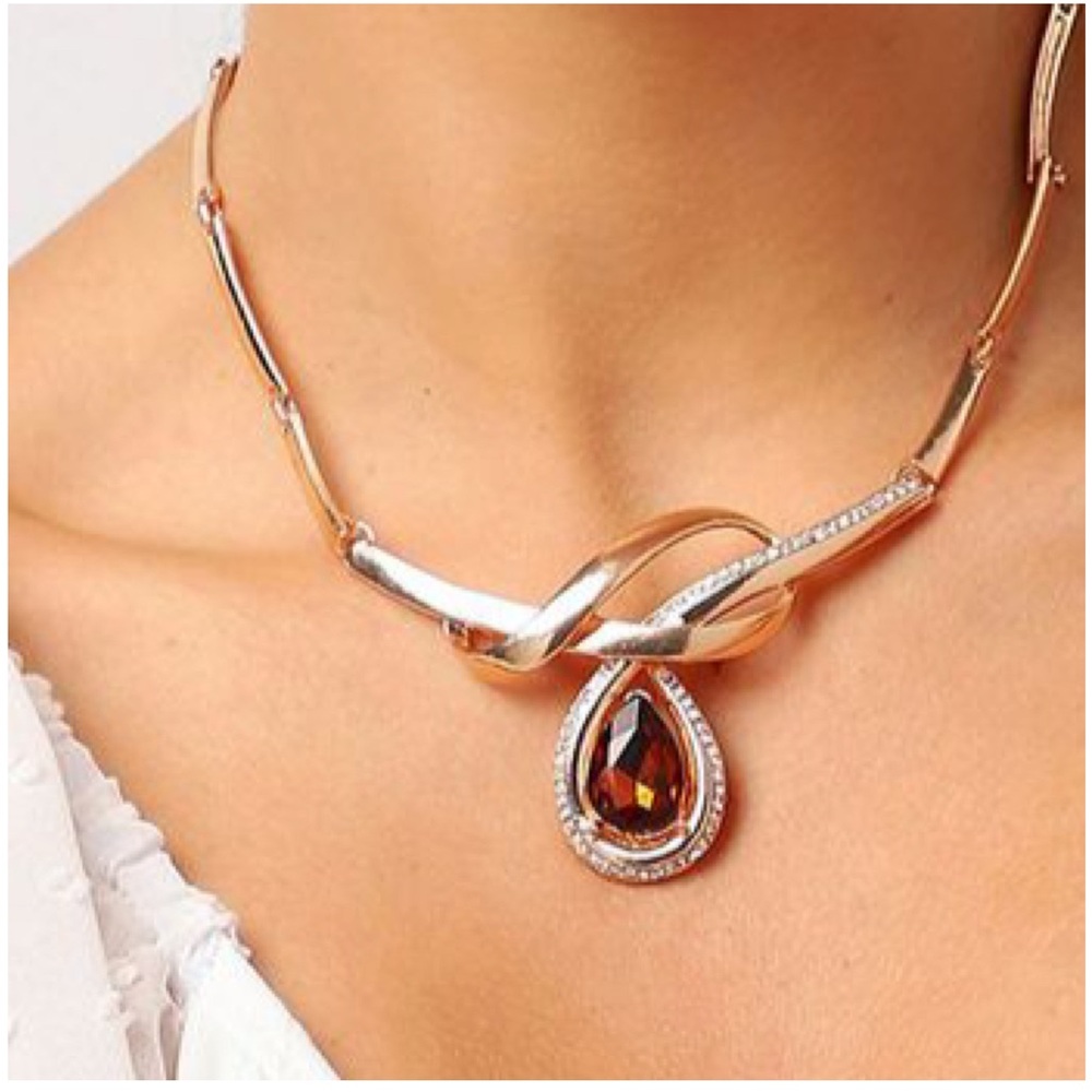 Gold Statement Necklace Cubic Zirconia Crystal Color Gemstone Topaz Amber Brown